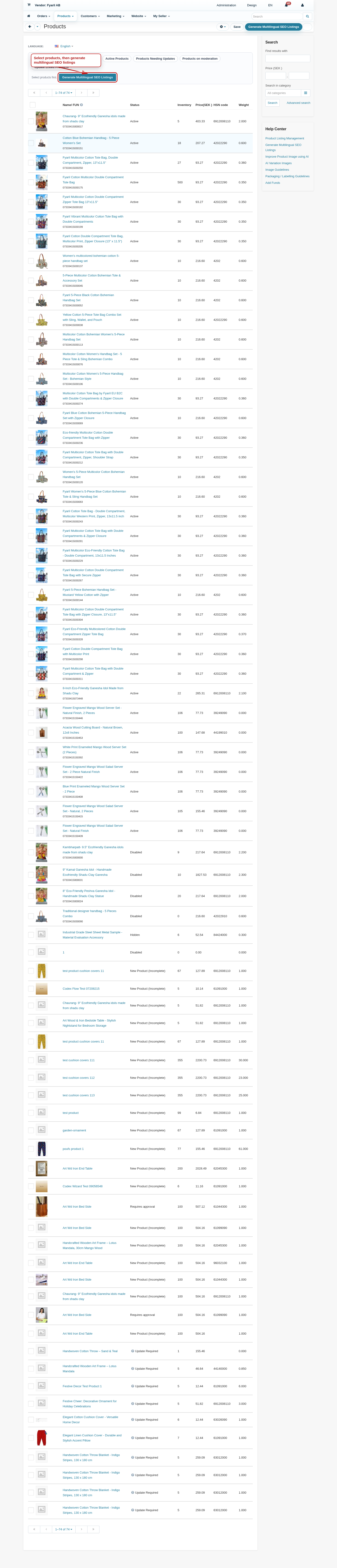Generate Multilingual SEO Listings action in the Fyaril vendor panel