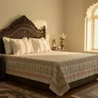 Sábana de algodón Floral Loom | Estampado a mano | Blanco-Melocotón | Tamaño Super King - 274 x 274 cm | Sábana con funda de almohada | Motivo de Jaipur