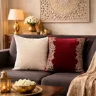 Juego de 2 fundas de cojín bordadas | Granate y blanco roto | Terciopelo y seda flameada | 40,6 x 40,6 cm