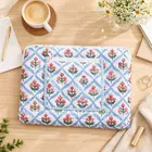 Mughal Meadow  Block Print Quilted  Cotton Laptop Sleeve With Front Pocket Blue 10"X15"