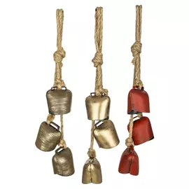 Handcrafted Metal Christmas Bell on Jute Rope - Antique Gold & Red