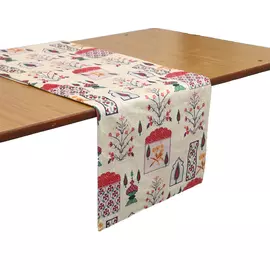 Camino de mesa de terciopelo crema con estampado de motivos mogoles decorativos, 6 plazas, 14 x 72