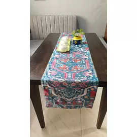 Camino de mesa de terciopelo azul brillante con diseño de alfombra decorativa impresa para 6 personas, tamaño 14 x 72 pulgadas