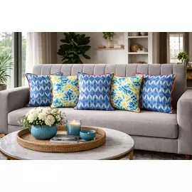 Juego combinado de 5 fundas de cojín artesanales | Azul y neón | algodón | 40,6 x 40,6 cm