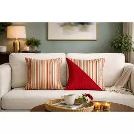 Juego de 2 fundas de cojín de estilo contemporáneo | Estampado de rayas coral y rayas lisas | Terciopelo | 40,6 x 40,6 cm