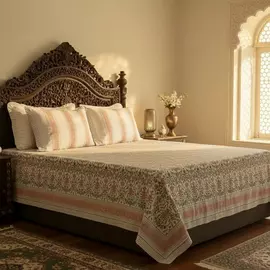 Sábana de algodón Floral Loom | Estampado a mano | Blanco-Melocotón | Tamaño Super King - 274 x 274 cm | Sábana con funda de almohada | Motivo de Jaipur