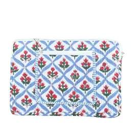 Funda acolchada de algodón con estampado Mughal Meadow para portátil, con bolsillo frontal, color azul, 25 x 38 cm (10" x 15").