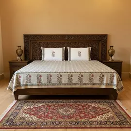 Sábana de algodón Floral Loom | Estampado a mano | Velora Azul-Mostaza | Tamaño King - 274 x 274 cm | Sábana con funda de almohada | Motivo Jaipur